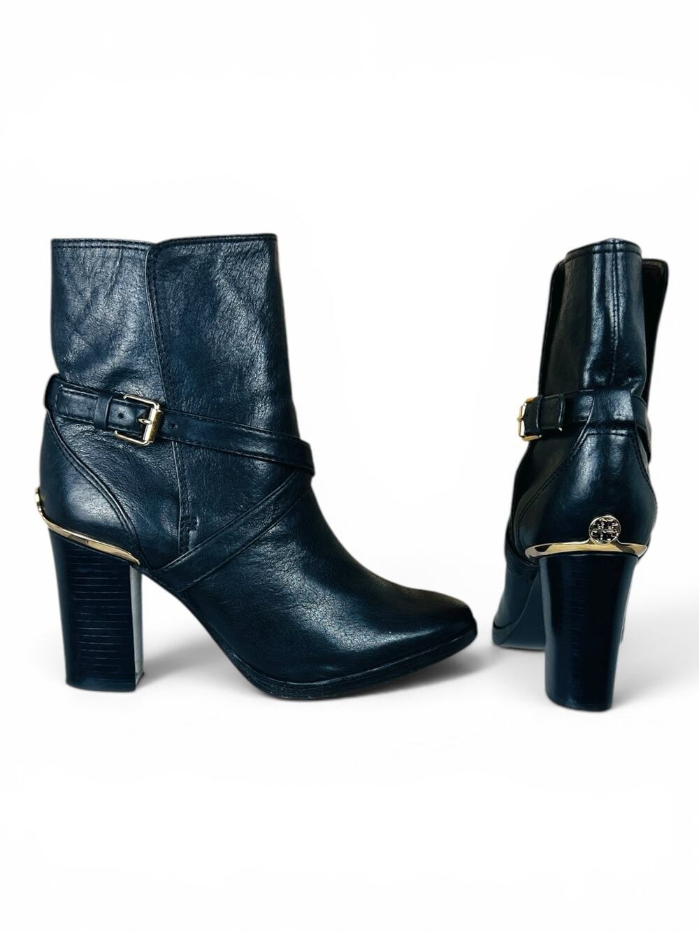 Tory Burch Adeline Black Leather Ankle Booties Gold Medallion Block Heel  7.5